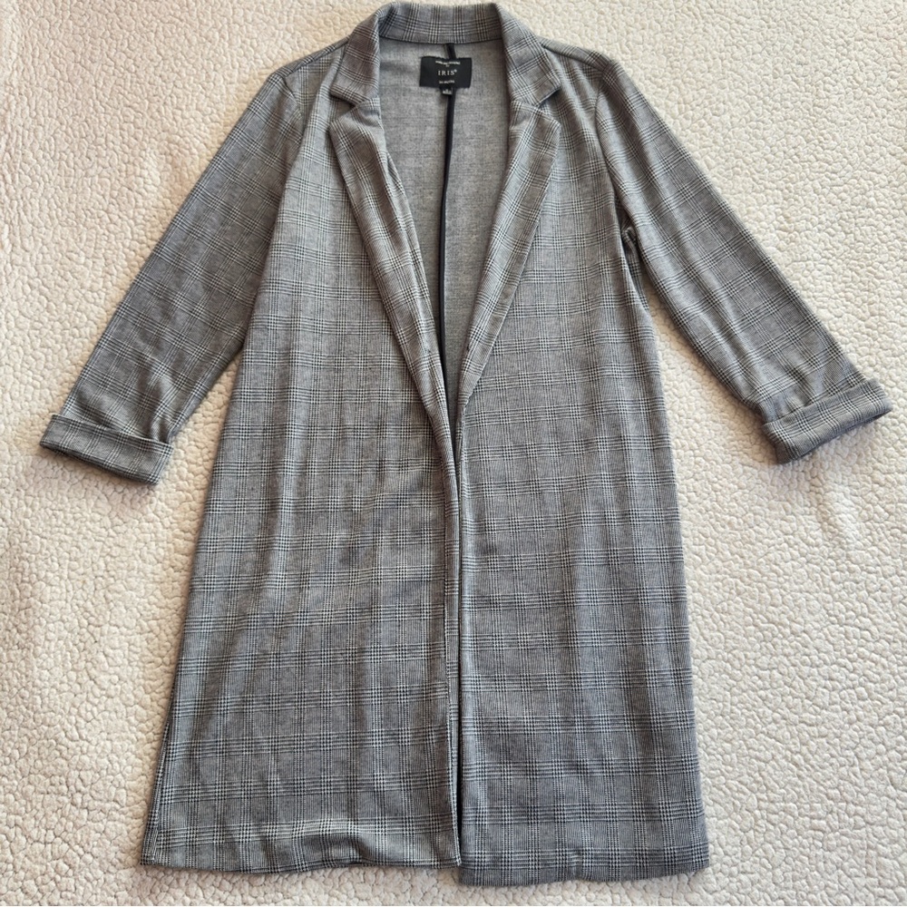 Iris Los Angeles Gray Plaid Longline Blazer Jacket Size M Open Front Career Chic - Picture 5 of 9